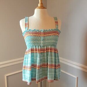 ROXY Retro Boho Aqua Striped Smocked Flowy Sleeveless Baby Doll Summer Top Sz L